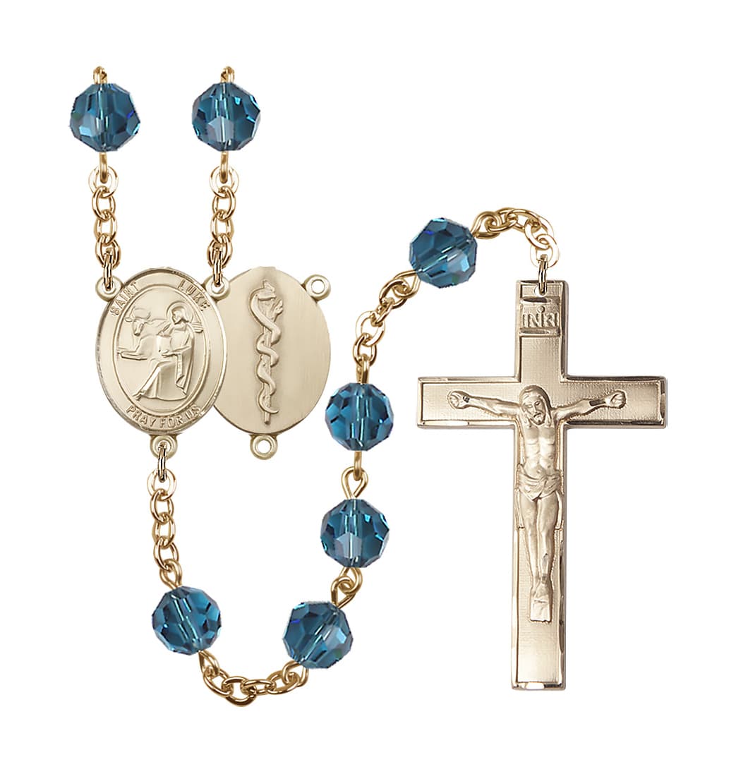 Bliss St Luke the Doctor 8mm Austrian Crystal Gold-plated Rosary in Indicolite,