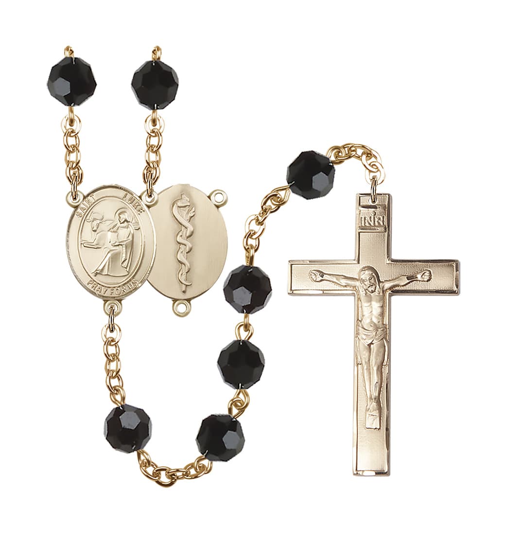 Bliss St Luke the Doctor 8mm Austrian Crystal Gold-plated Rosary in Jet Black,