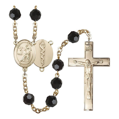 St Luke the Doctor 8mm Austrian Crystal Gold-plated Rosary in Jet Black, Bliss Manufacturing
