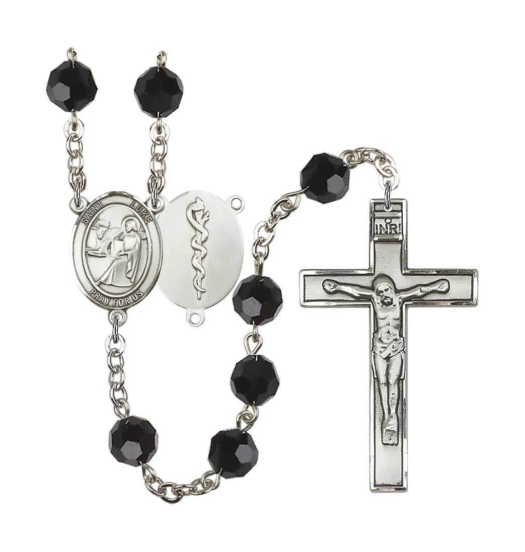 Bliss St Luke the Doctor 8mm Austrian Crystal Silver-plated Rosary in Jet Black,