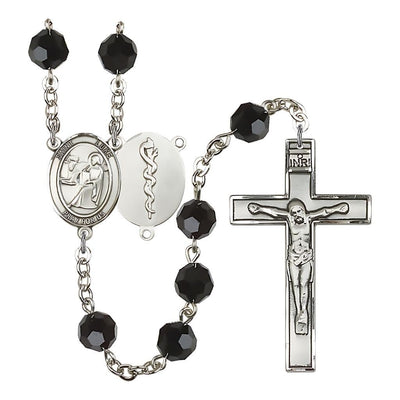 St Luke the Doctor 8mm Austrian Crystal Silver-plated Rosary in Jet Black, Bliss Manufacturing