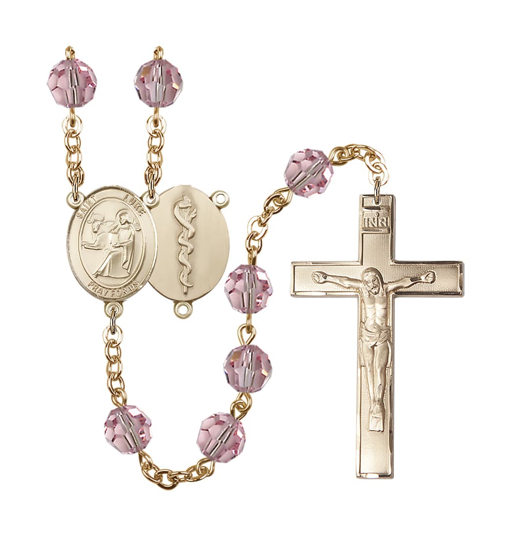 Bliss St Luke the Doctor 8mm Austrian Crystal Gold-plated Rosary in Light Rose,