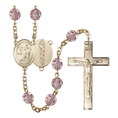 St Luke the Doctor 8mm Austrian Crystal Gold-plated Rosary in Light Rose, Bliss Manufacturing