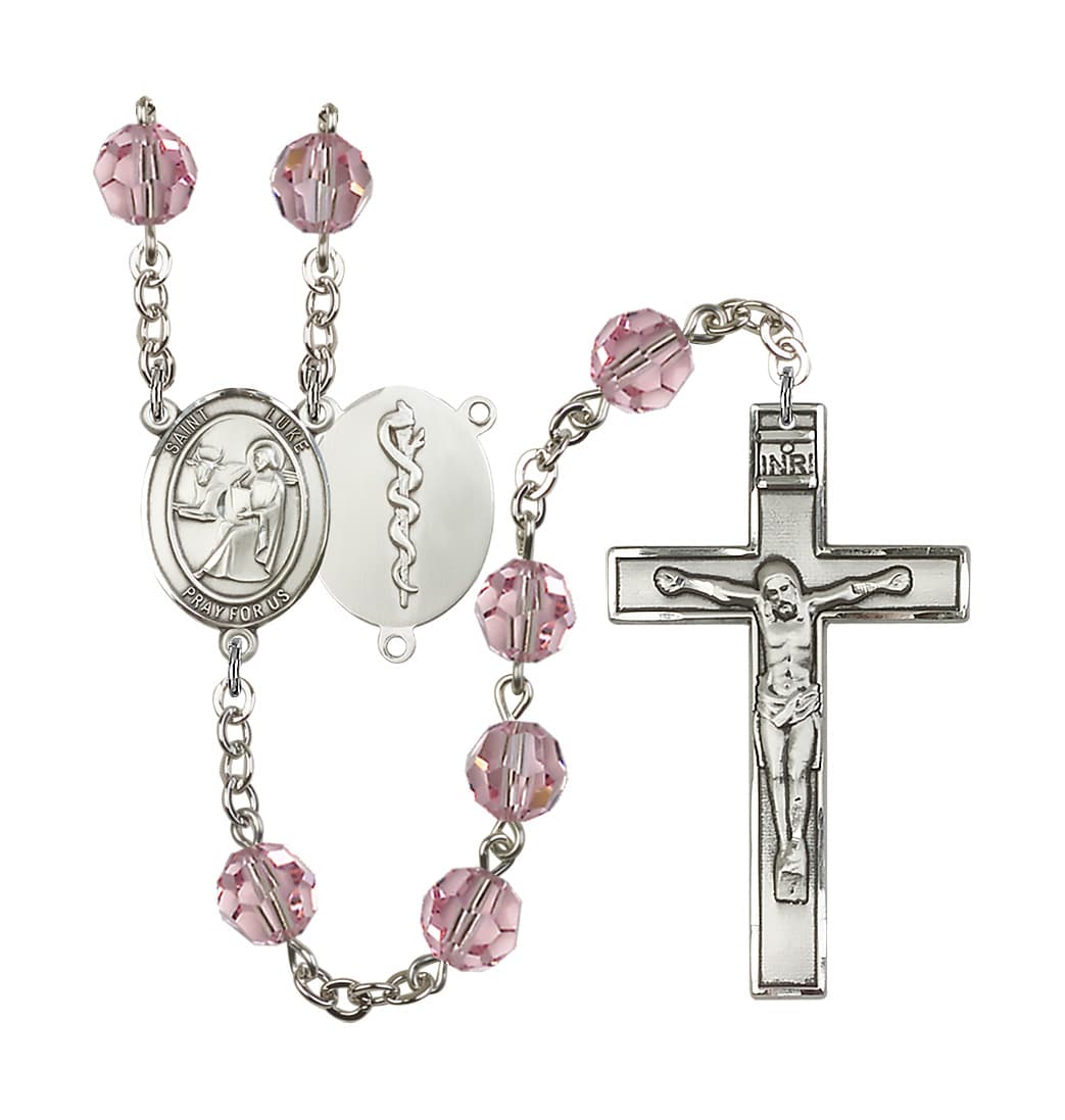 Bliss St Luke the Doctor 8mm Austrian Crystal Silver-plated Rosary in Light Rose,