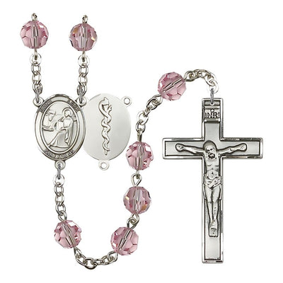 St Luke the Doctor 8mm Austrian Crystal Silver-plated Rosary in Light Rose, Bliss Manufacturing