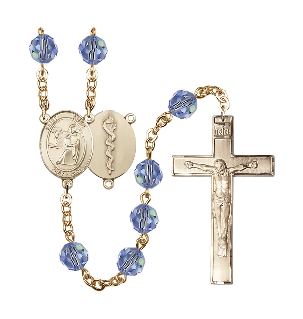 Bliss St Luke the Doctor 8mm Austrian Crystal Gold-plated Rosary in Light Sapphire,