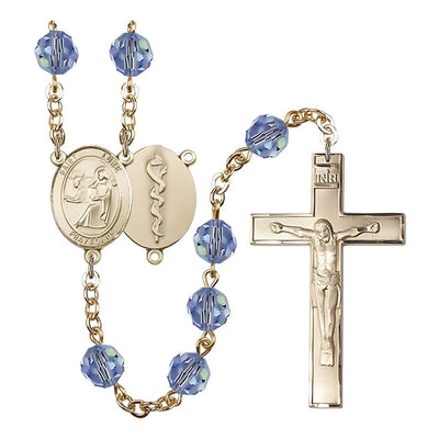 St Luke the Doctor 8mm Austrian Crystal Gold-plated Rosary in Light Sapphire, Bliss Manufacturing