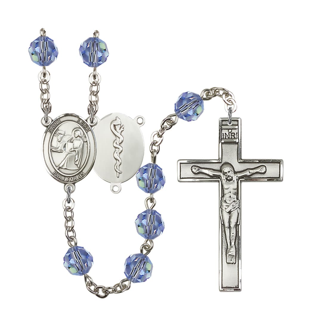 Bliss St Luke the Doctor 8mm Austrian Crystal Silver-plated Rosary in Light Sapphire,