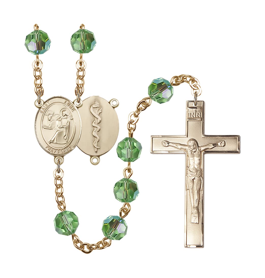 Bliss St Luke the Doctor 8mm Austrian Crystal Gold-plated Rosary in Peridot,