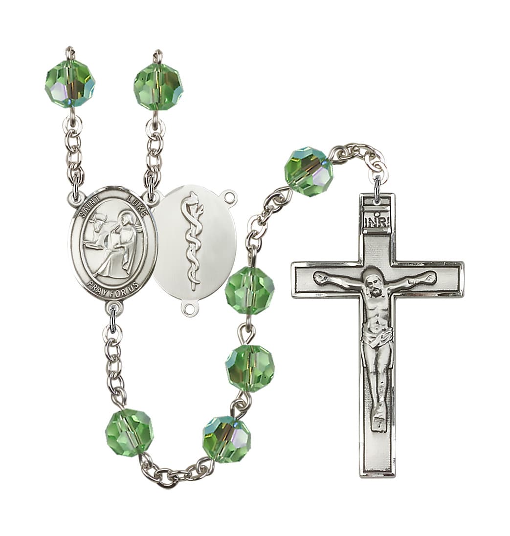 Bliss St Luke the Doctor 8mm Austrian Crystal Silver-plated Rosary in Peridot,