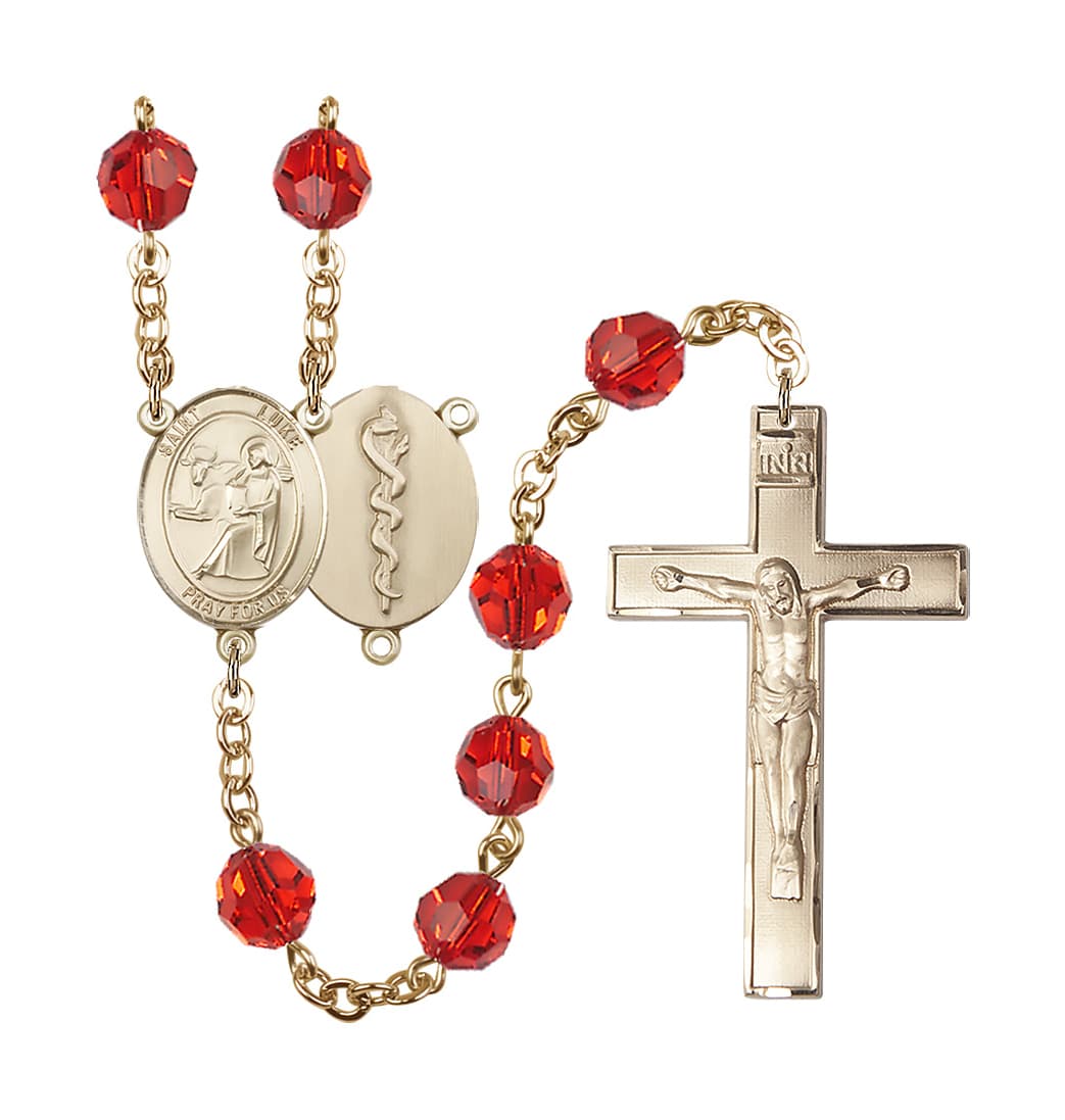 Bliss St Luke the Doctor 8mm Austrian Crystal Gold-plated Rosary in Ruby,