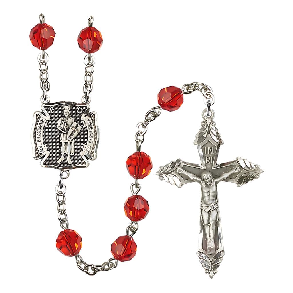 Bliss St. Florian 8mm Ruby Austrian Crystal Silver-plated Rosary with Pewter Centerpiece and Crucifix,