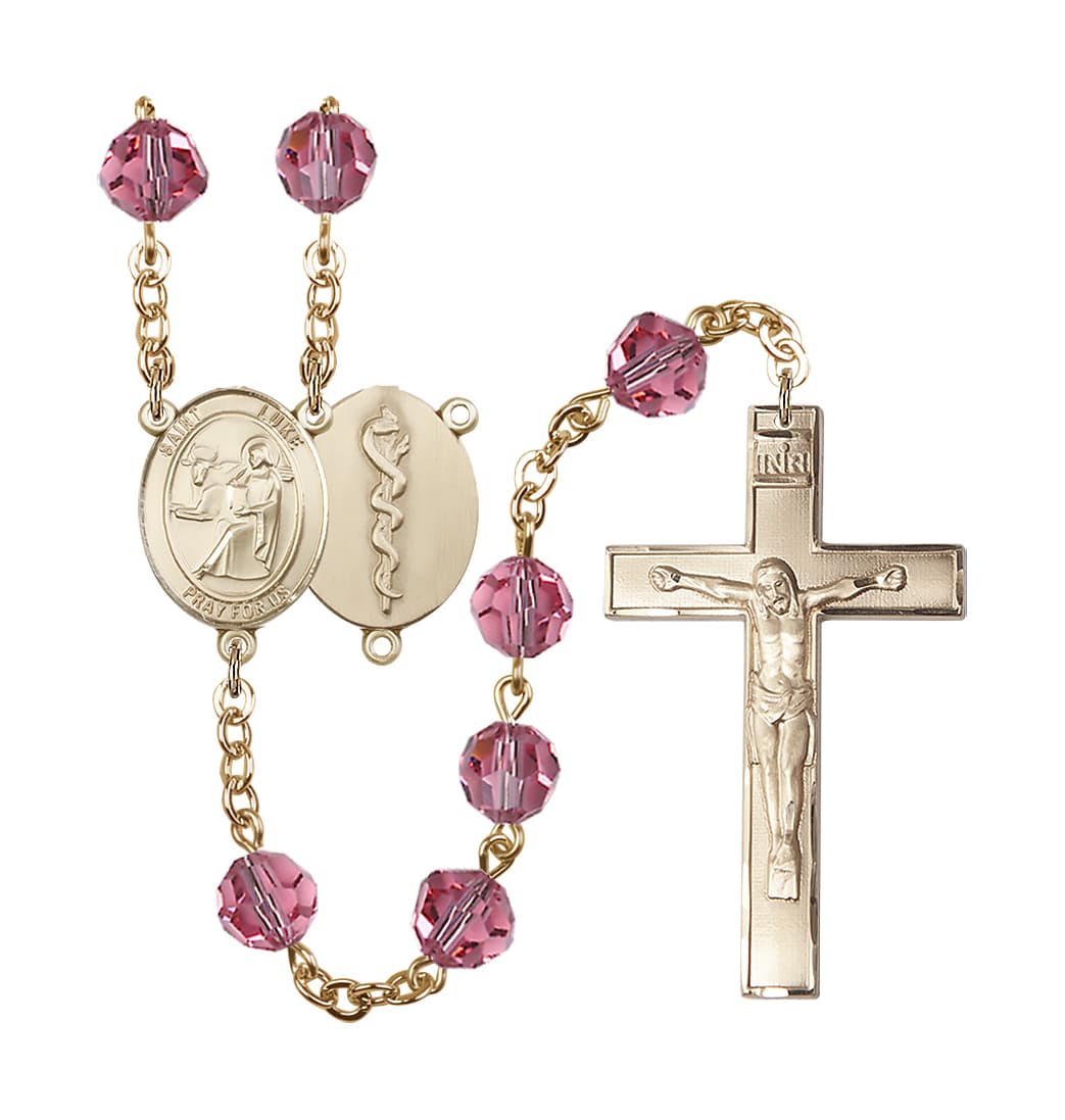 Bliss St Luke the Doctor 8mm Austrian Crystal Gold-plated Rosary in Rose,