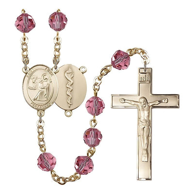 St Luke the Doctor 8mm Austrian Crystal Gold-plated Rosary in Rose, Bliss Manufacturing