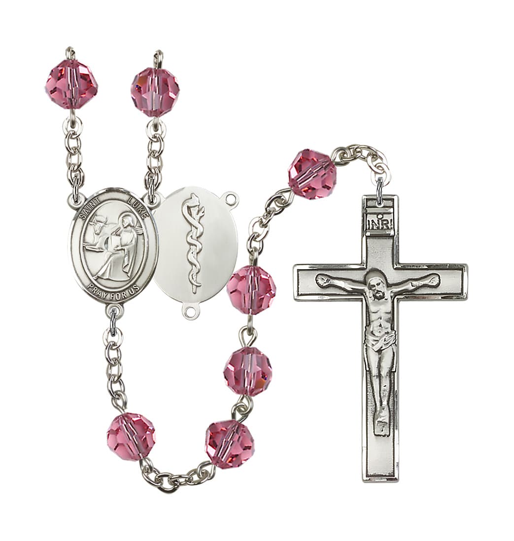 Bliss St Luke the Doctor 8mm Austrian Crystal Silver-plated Rosary in Rose,