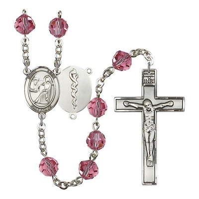 St Luke the Doctor 8mm Austrian Crystal Silver-plated Rosary in Rose, Bliss Manufacturing
