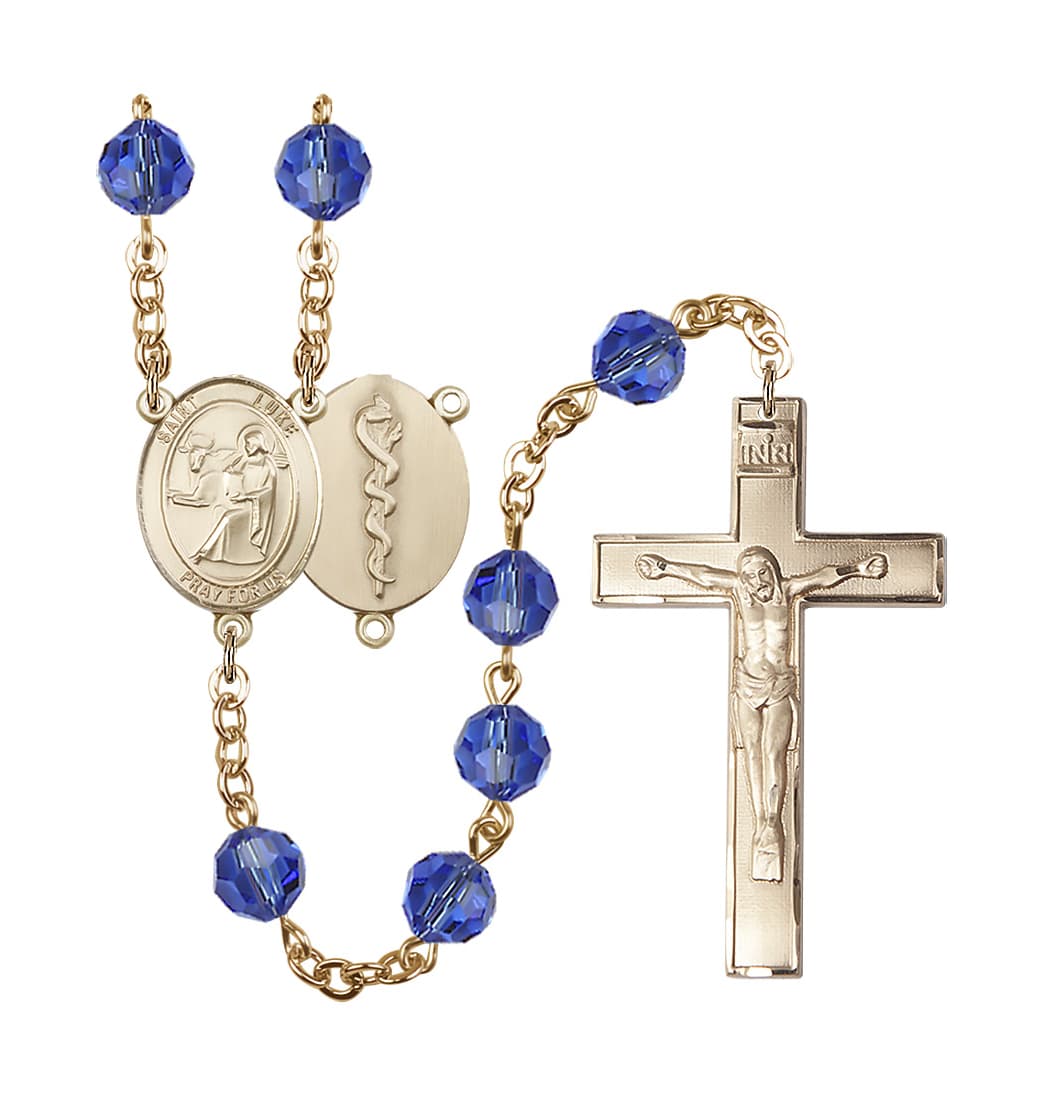 Bliss St Luke the Doctor 8mm Austrian Crystal Gold-plated Rosary in Sapphire,