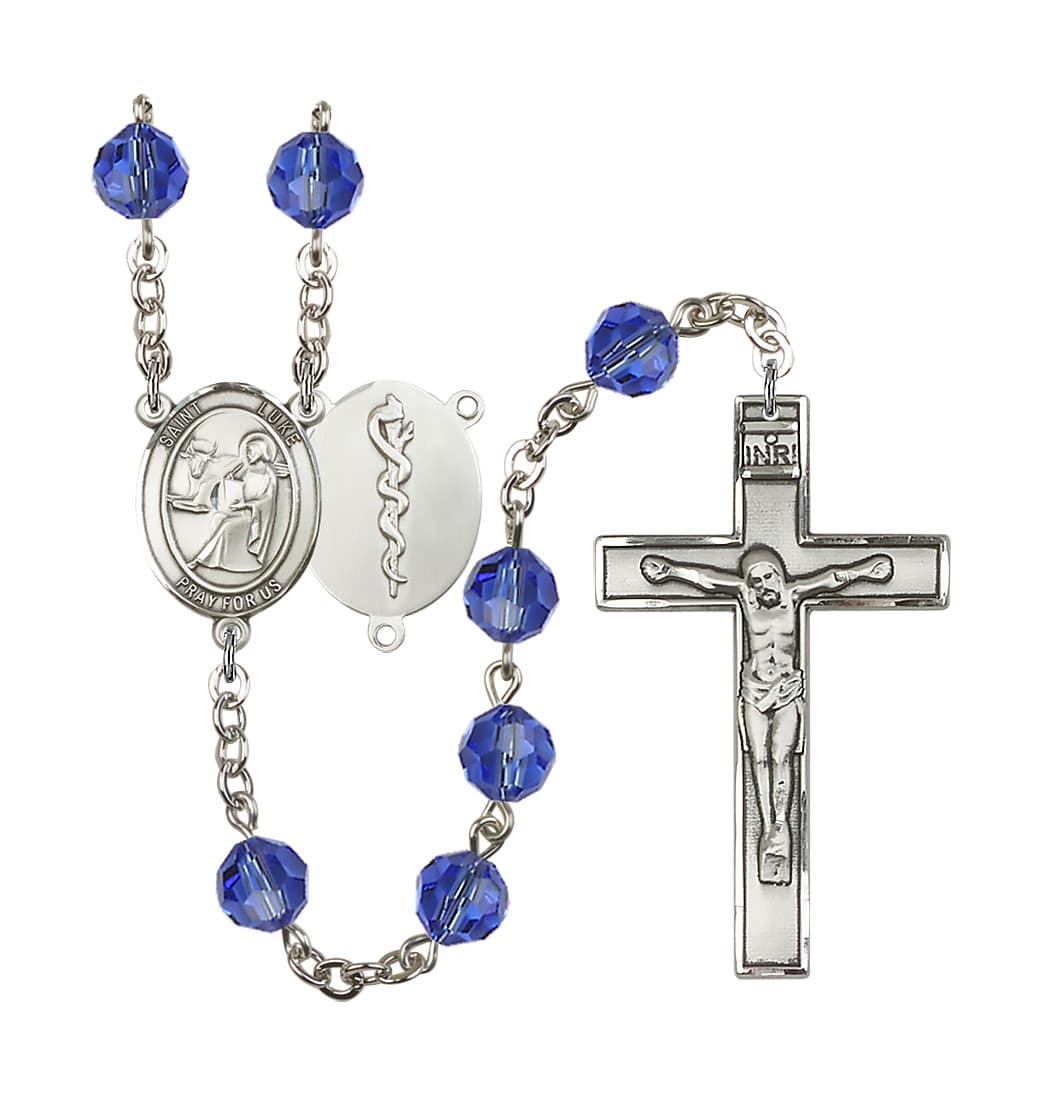 Bliss St Luke the Doctor 8mm Austrian Crystal Silver-plated Rosary in Sapphire,