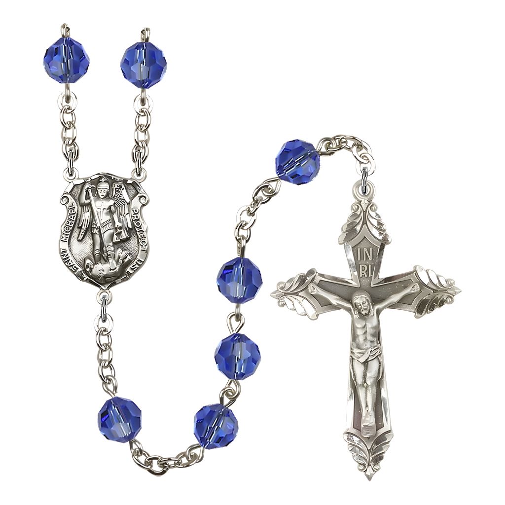 Bliss St. Michael Police Officer 8mm Austrian Crystal Silver-plated Rosary, Pewter Crucifix is 1 7/8-inch by 1 1/8-inch and Pewter St. Michael Police Officer Shield center measures 3/4-inch by 1/2-inch