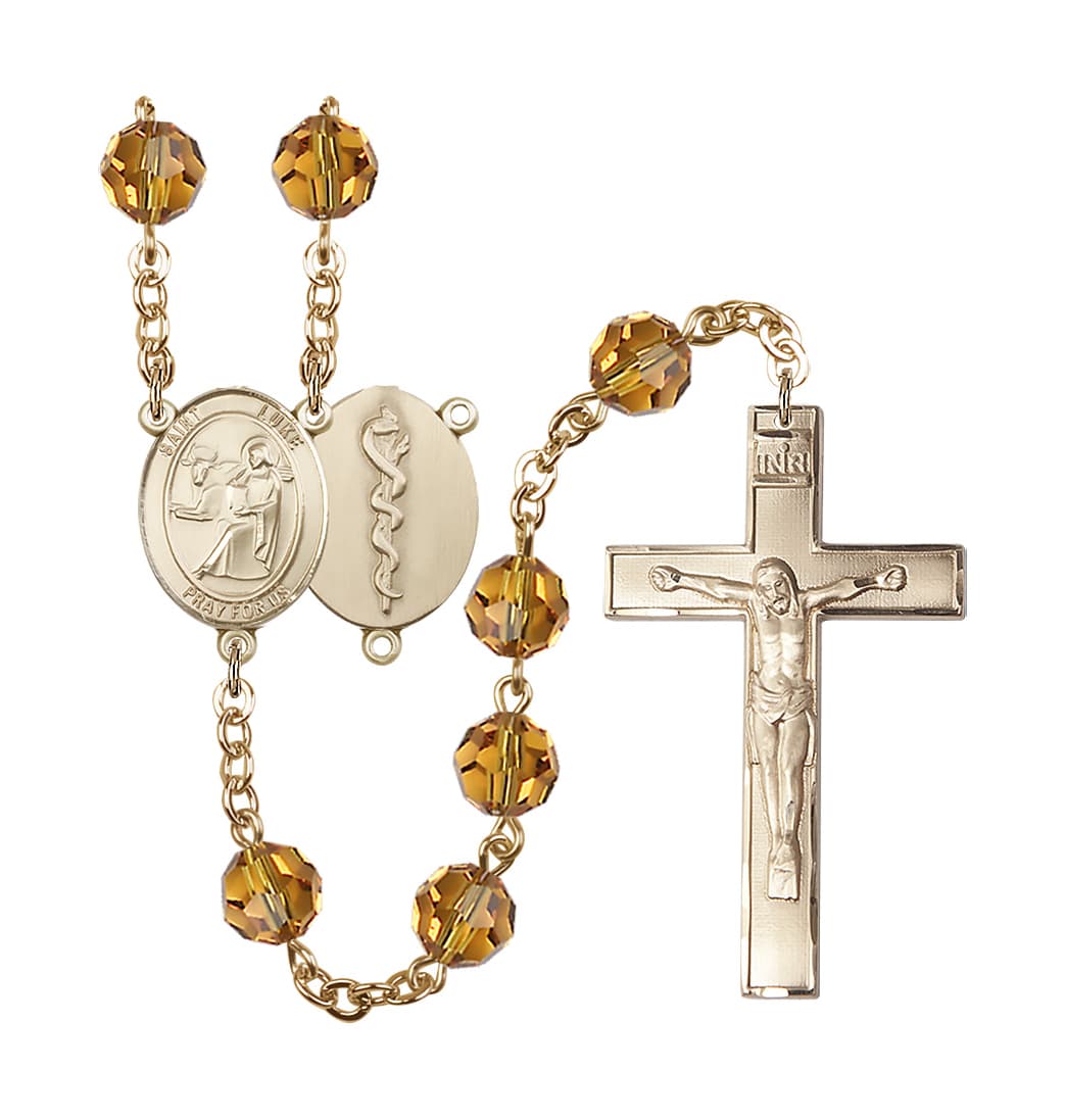 Bliss St Luke the Doctor 8mm Austrian Crystal Gold-plated Rosary in Topaz,