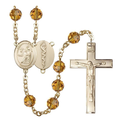 St Luke the Doctor 8mm Austrian Crystal Gold-plated Rosary in Topaz, Bliss Manufacturing