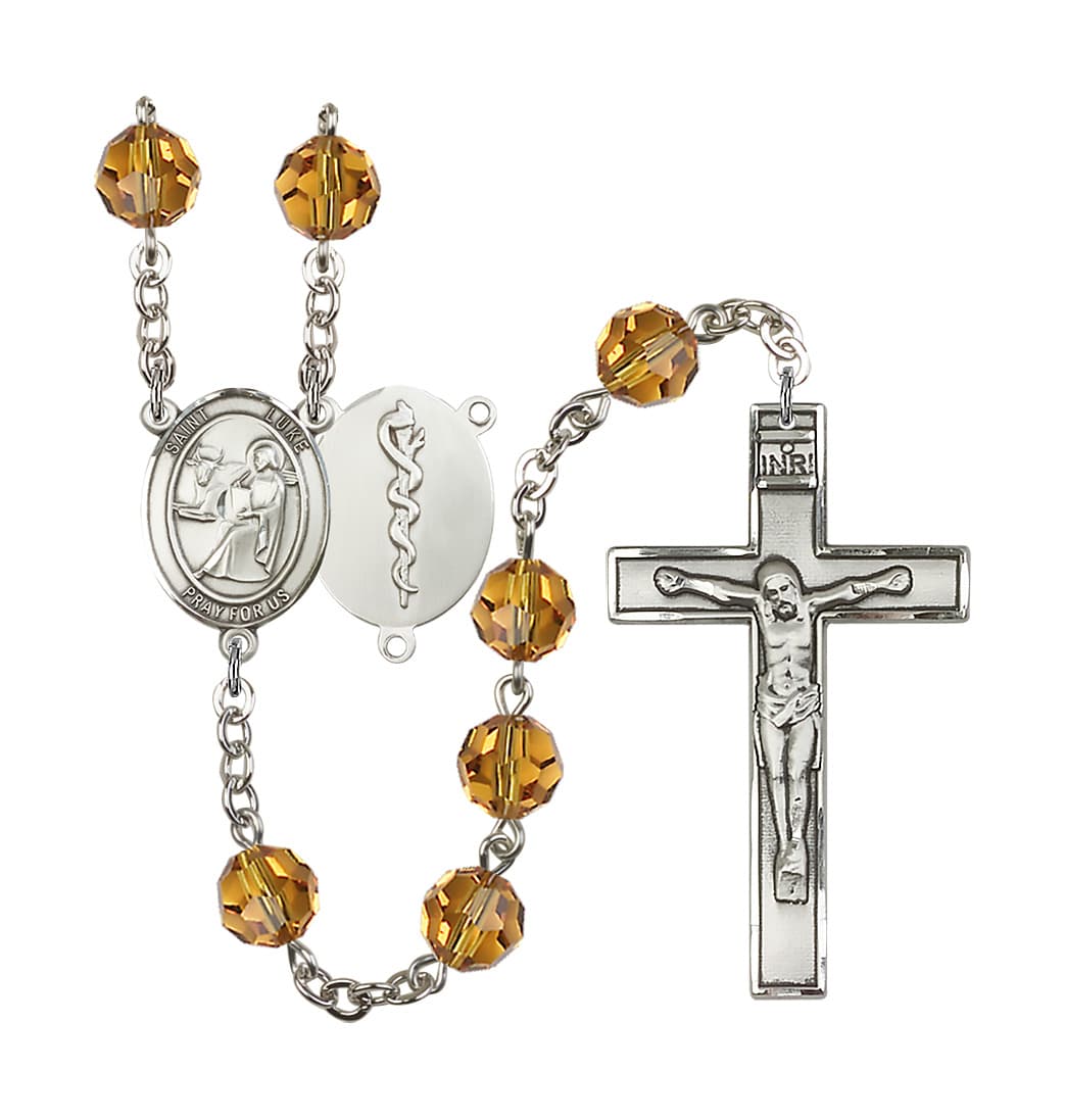 Bliss St Luke the Doctor 8mm Austrian Crystal Silver-plated Rosary in Topaz,