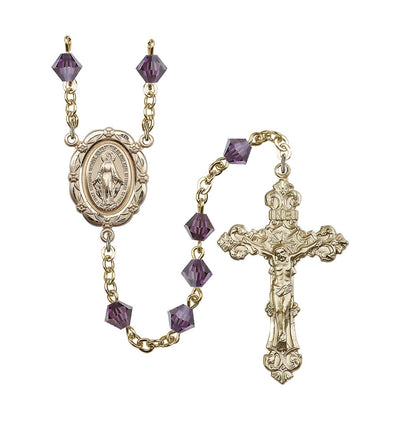 Flower Miraculous 6mm Austrian Crystal Gold-Plated Rosary in Amethyst, Bliss Manufacturing