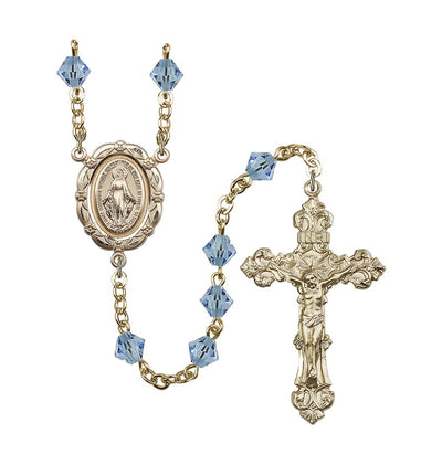 Flower Miraculous 6mm Austrian Crystal Gold-Plated Rosary in Aqua, Bliss Manufacturing