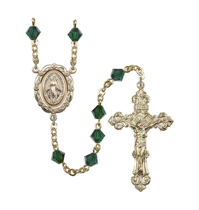 Flower Miraculous 6mm Austrian Crystal Gold-Plated Rosary in Emerald, Bliss Manufacturing