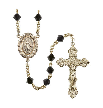 Flower Miraculous 6mm Austrian Crystal Gold-Plated Rosary in Jet, Bliss Manufacturing