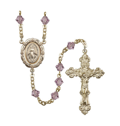 Flower Miraculous 6mm Austrian Crystal Gold-Plated Rosary in Light Amethyst, Bliss Manufacturing