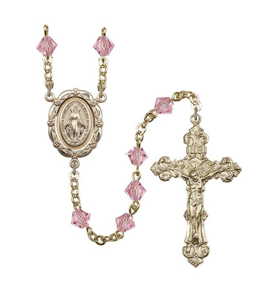 Flower Miraculous 6mm Austrian Crystal Gold-Plated Rosary in Light Rose, Bliss Manufacturing