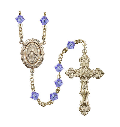 Flower Miraculous 6mm Austrian Crystal Gold-Plated Rosary in Light Sapphire, Bliss Manufacturing