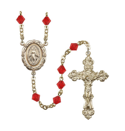 Flower Miraculous 6mm Austrian Crystal Gold-Plated Rosary in Ruby, Bliss Manufacturing