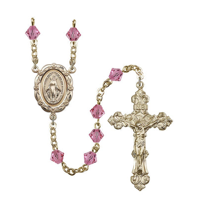 Flower Miraculous 6mm Austrian Crystal Gold-Plated Rosary in Rose, Bliss Manufacturing