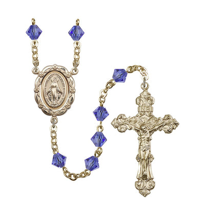 Flower Miraculous 6mm Austrian Crystal Gold-Plated Rosary in Sapphire, Bliss Manufacturing