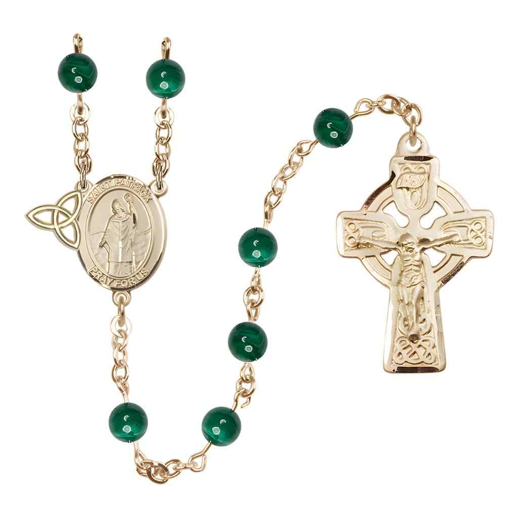 Gold-plated 6mm Round Malacite Gemstone St Patrick Shamrock Rosary, Bliss Manufacturing