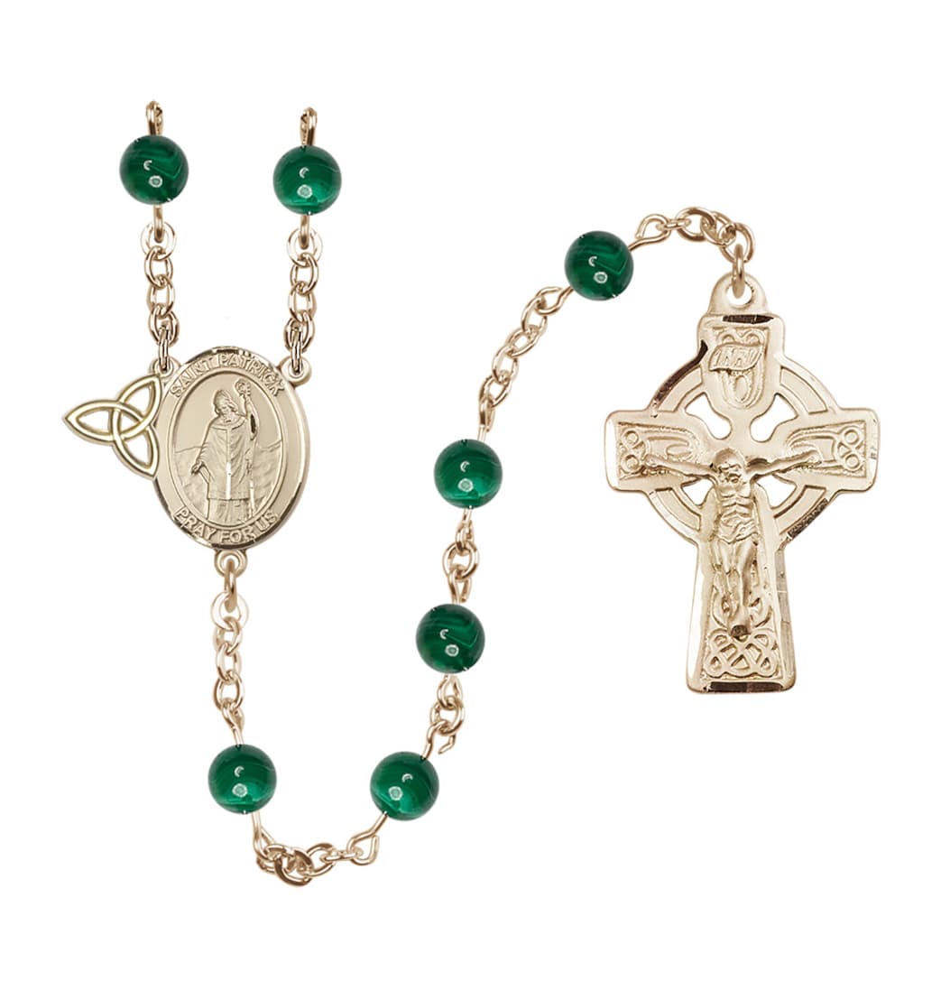 Bliss Gold-plated 6mm Round Malacite Gemstone St Patrick Shamrock Rosary,