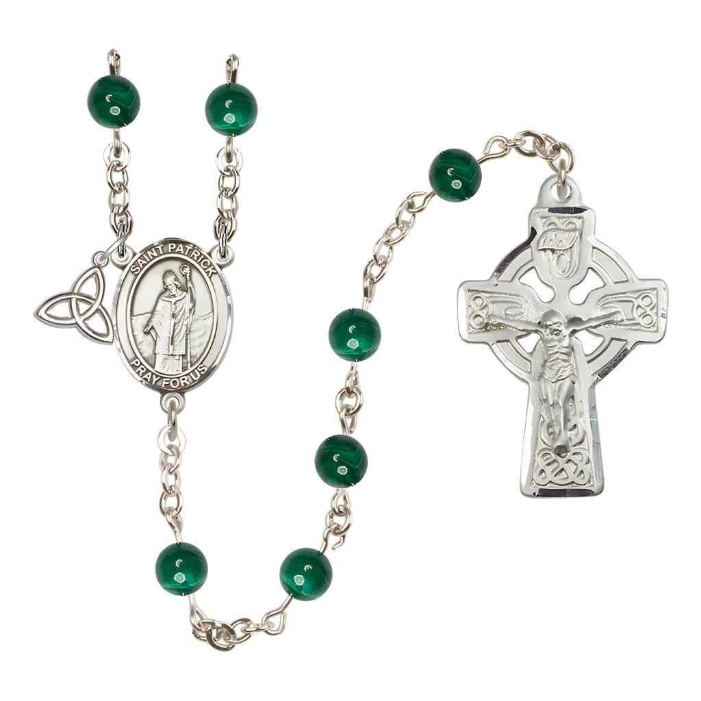 Silver-plated 6mm Round Malacite Gemstone St Patrick Shamrock Rosary, Bliss Manufacturing