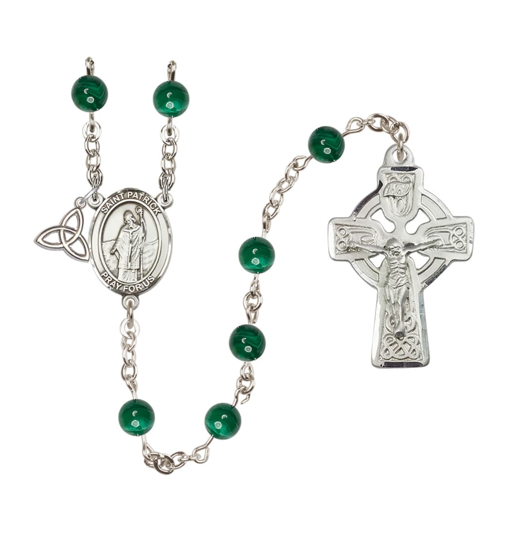 Bliss Silver-plated 6mm Round Malacite Gemstone St Patrick Shamrock Rosary,