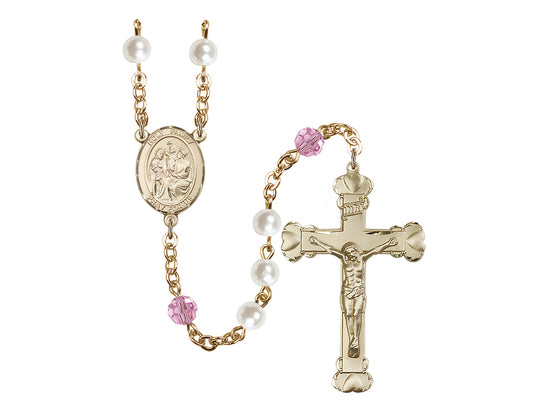 Bliss Holy Family Gold-plated Pink Crystal and Imitation Pearl Rosary