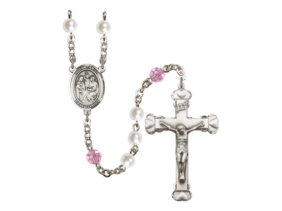 Holy Family Silver-plated Pink Crystal and Imitation Pearl Rosary