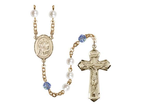 Holy Family Gold-plated Light Blue Crystal and Imitation Pearl Rosary