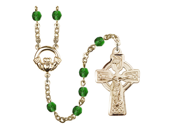 Bliss 6mm Fire Polished Emerald Irish Claddagh Rosary