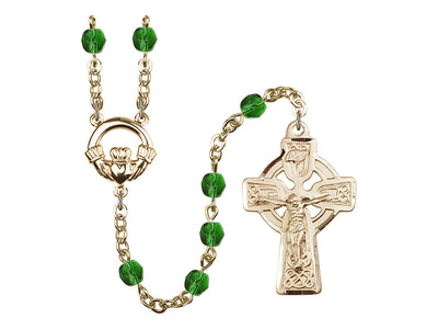 6mm Fire Polished Emerald Irish Claddagh Rosary, gold-plated, Bliss Manufacturing