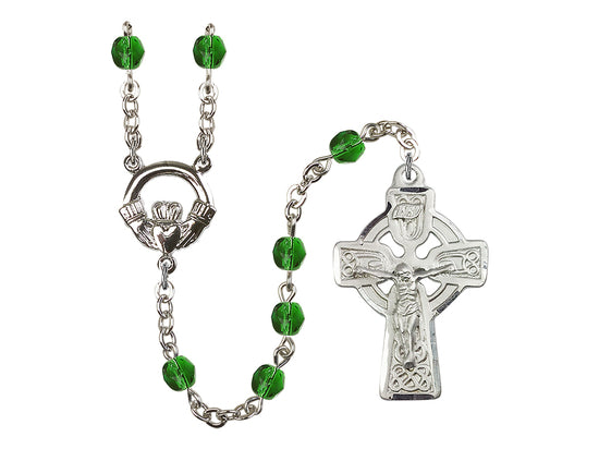 Bliss 6mm Fire Polished Emerald Irish Claddagh Rosary