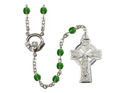 6mm Fire Polished Emerald Irish Claddagh Rosary, silver-plated, Bliss Manufacturing