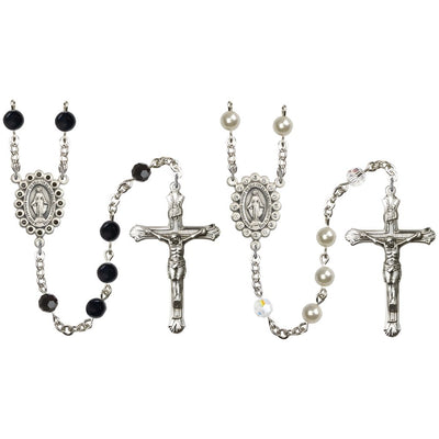wedding rosary set pairs elegantly matched his-and-hers rosaries in 6mm Black Onyx beads and 6mm Austrian Creamrose faux Pearl beads with Austrian Crystal Miraculous Medal, Bliss Manufacturing