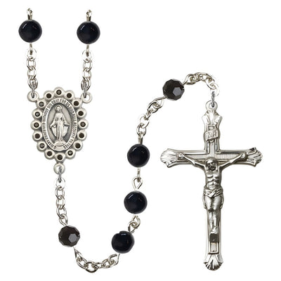 Man's Rosary features 6mm Black Onyx beads with Jet Austrian Crystal Our Father Beads with Silver Plate Miraculous Centers surrounded by 16 Black or Crystal Austrian Crystal, Bliss Manufacturing