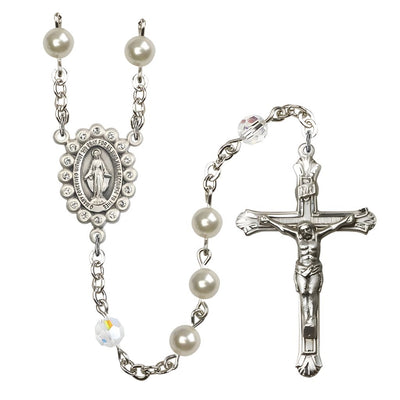 Woman's Rosary features 6mm Austrian Creamrose Pearl beads with Austrian Crystal Our Father beads with Silver Plate Miraculous Centers surrounded by 16 Black or Crystal Austrian, Bliss Manufacturing